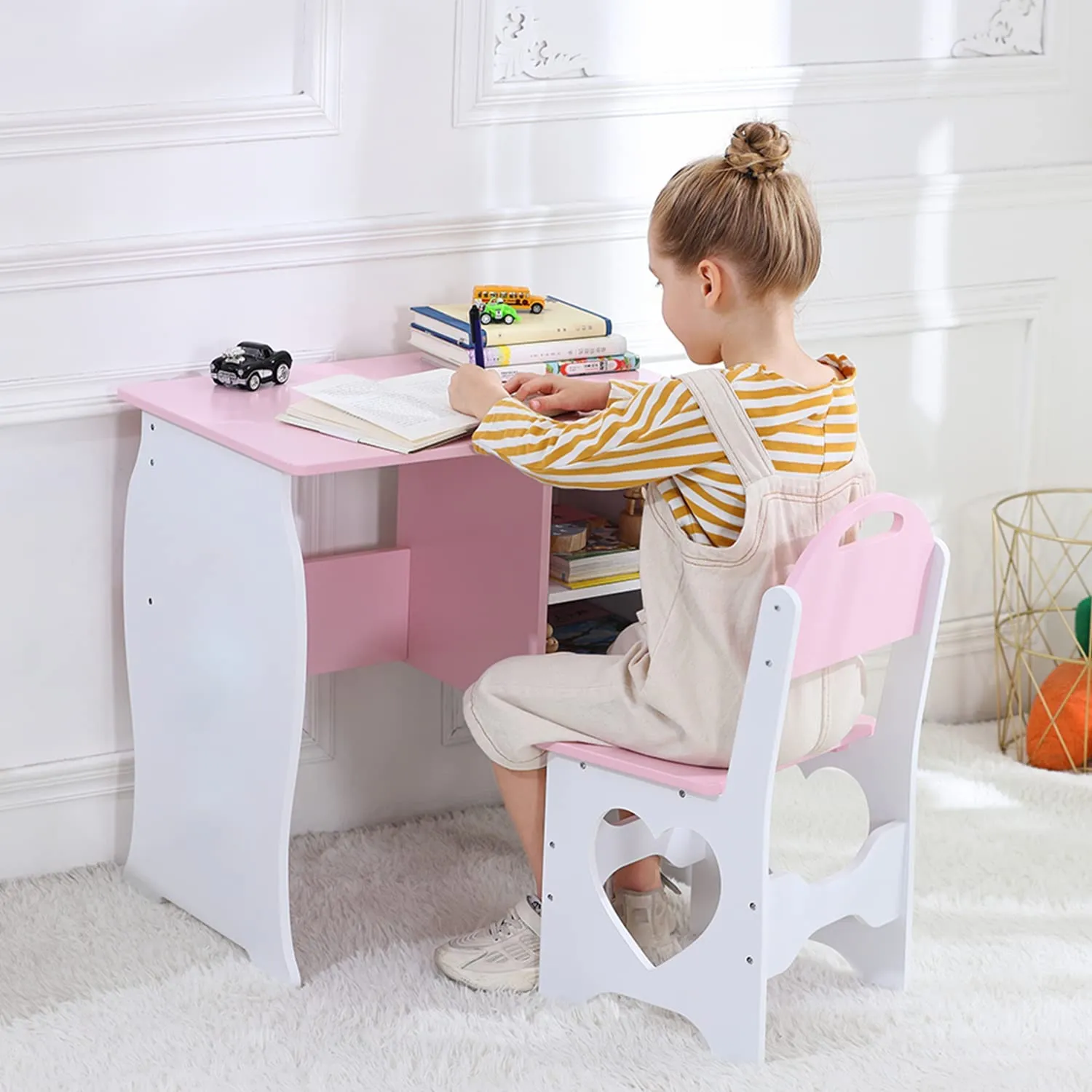 Montessori Sweetheart Children's Homework Desk | Bookshelf | Storage & Stool | Pink & White | 3-10 Years