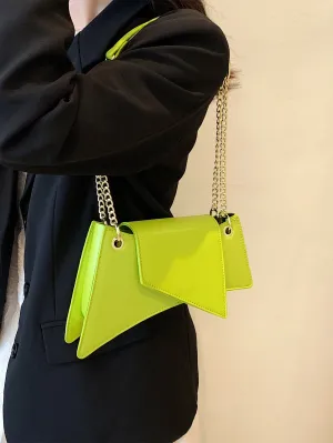 Neon Lime Chain Decor Flap Novelty Bag - Green- FD ⚡