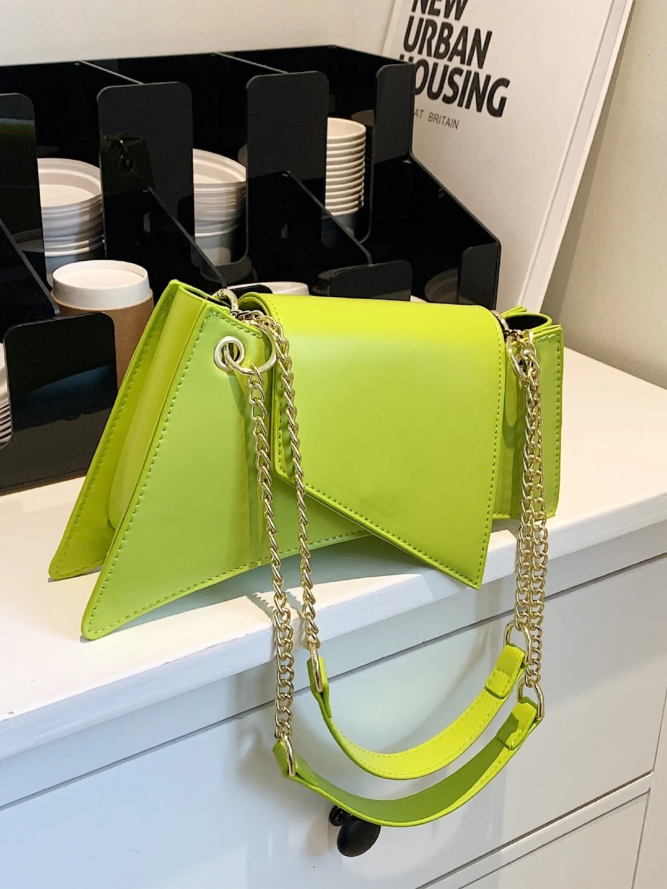 Neon Lime Chain Decor Flap Novelty Bag - Green- FD ⚡