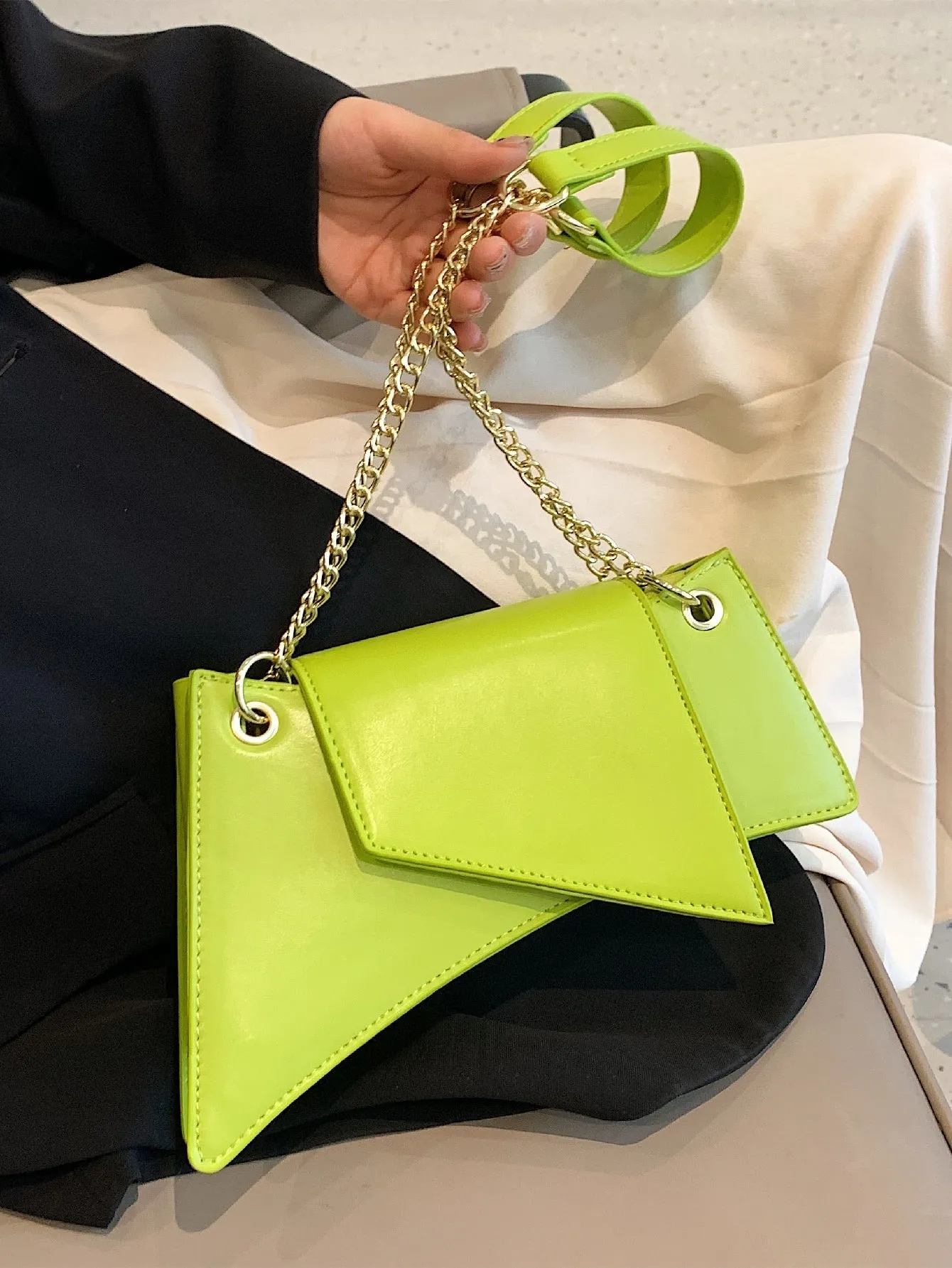 Neon Lime Chain Decor Flap Novelty Bag - Green- FD ⚡