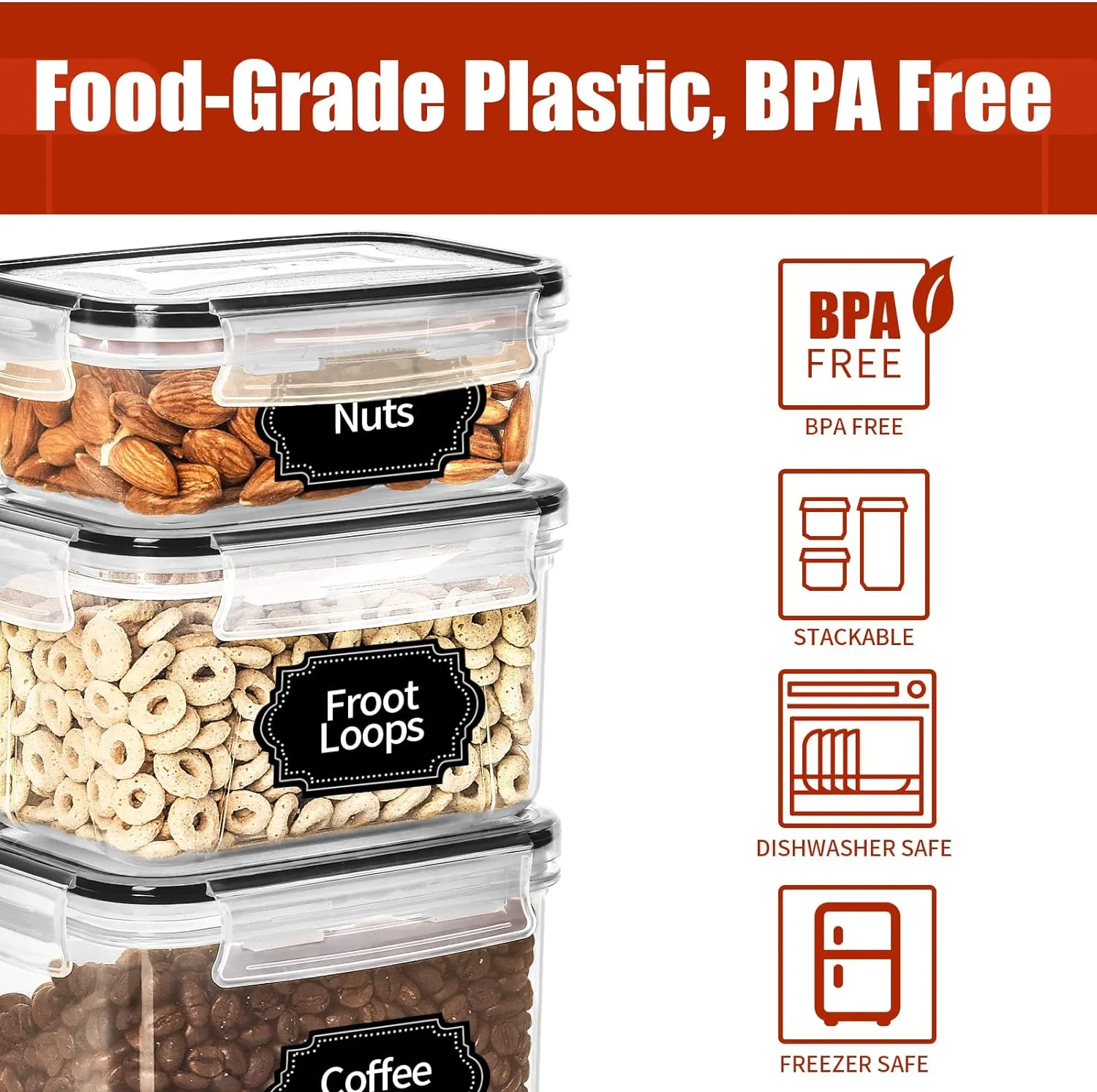 NEW PRAKI 20 Piece Airtight Food Storage Containers for Kitchen Pantry Organizers and Storage, BPA-Free, Plastic Storage Canisters with Lids-Cereal, Flour and Sugar, Retails $64 
