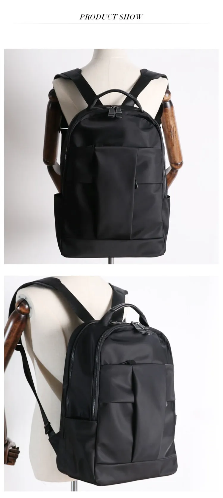 Nylon Backpack Womens 15 inches School Backpack Bag Black Nylon Leather Travel Rucksack for Ladies