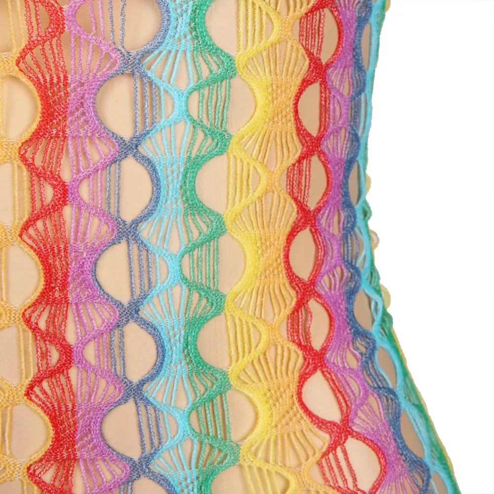 Rainbow Colorful Off Shoulder Fishnet Bodystocking