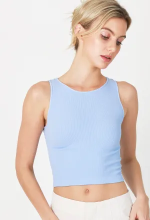 Ribbed High Neck Crop Top in Sky Blue