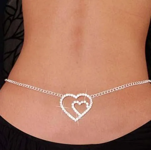 Sexy Aesthetic Rhinestone Heart Body Jewelry Crystal Waist Chain Belly Chain for Summer Women Fashion Girl Nightclub