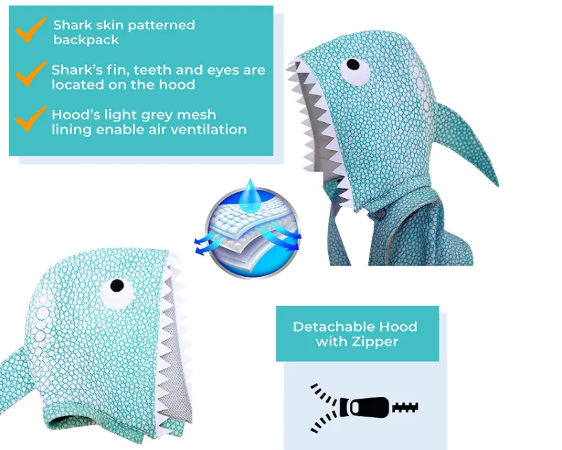 Shark - Kids Backpack with Detachable Hood - Water-repellent