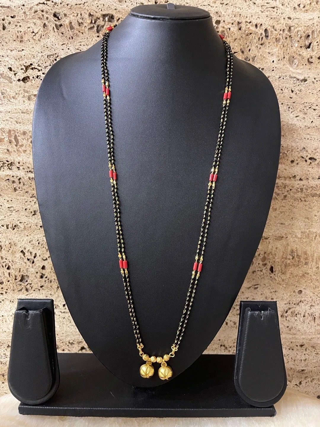 Simple Long Traditional Vati Mangalsutra Designs Double Layer Red & Black Beads Chain