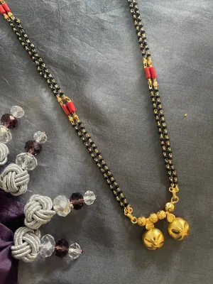 Simple Long Traditional Vati Mangalsutra Designs Double Layer Red & Black Beads Chain