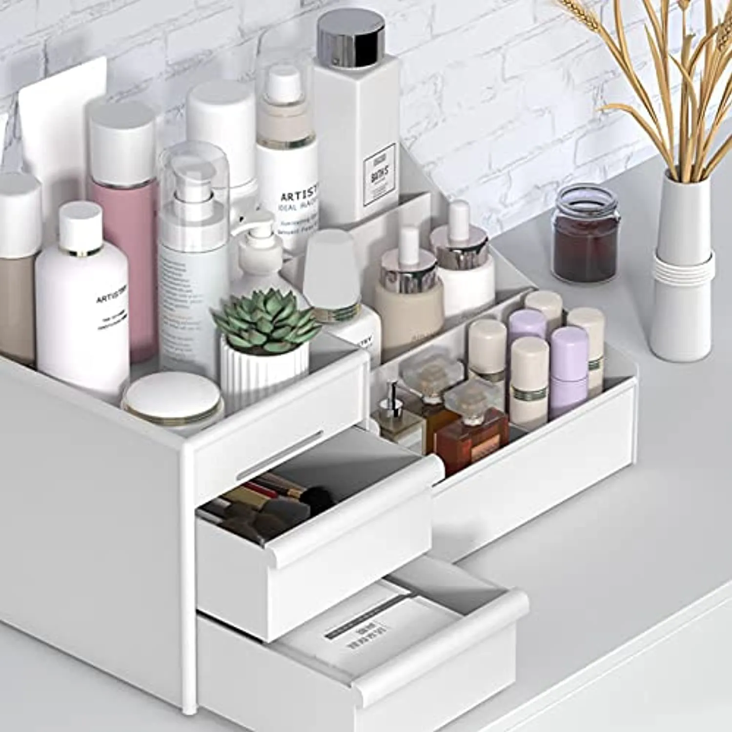 skin care organizer,Makeup Desk Organizer With Drawers,Countertop Organizer for Cosmetics,Vanity brush with Holder for Lipstick, Brushes, Eyeshadow, and Jewelry Desktop Finishing Dresser (White)