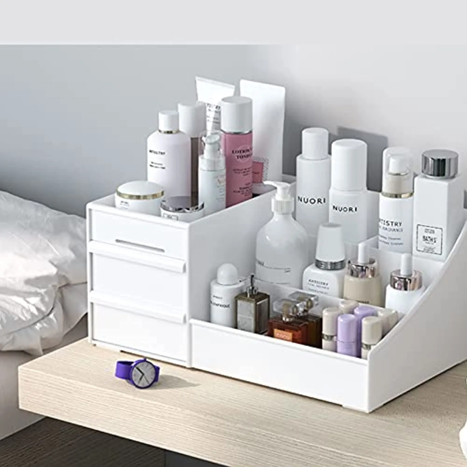 skin care organizer,Makeup Desk Organizer With Drawers,Countertop Organizer for Cosmetics,Vanity brush with Holder for Lipstick, Brushes, Eyeshadow, and Jewelry Desktop Finishing Dresser (White)