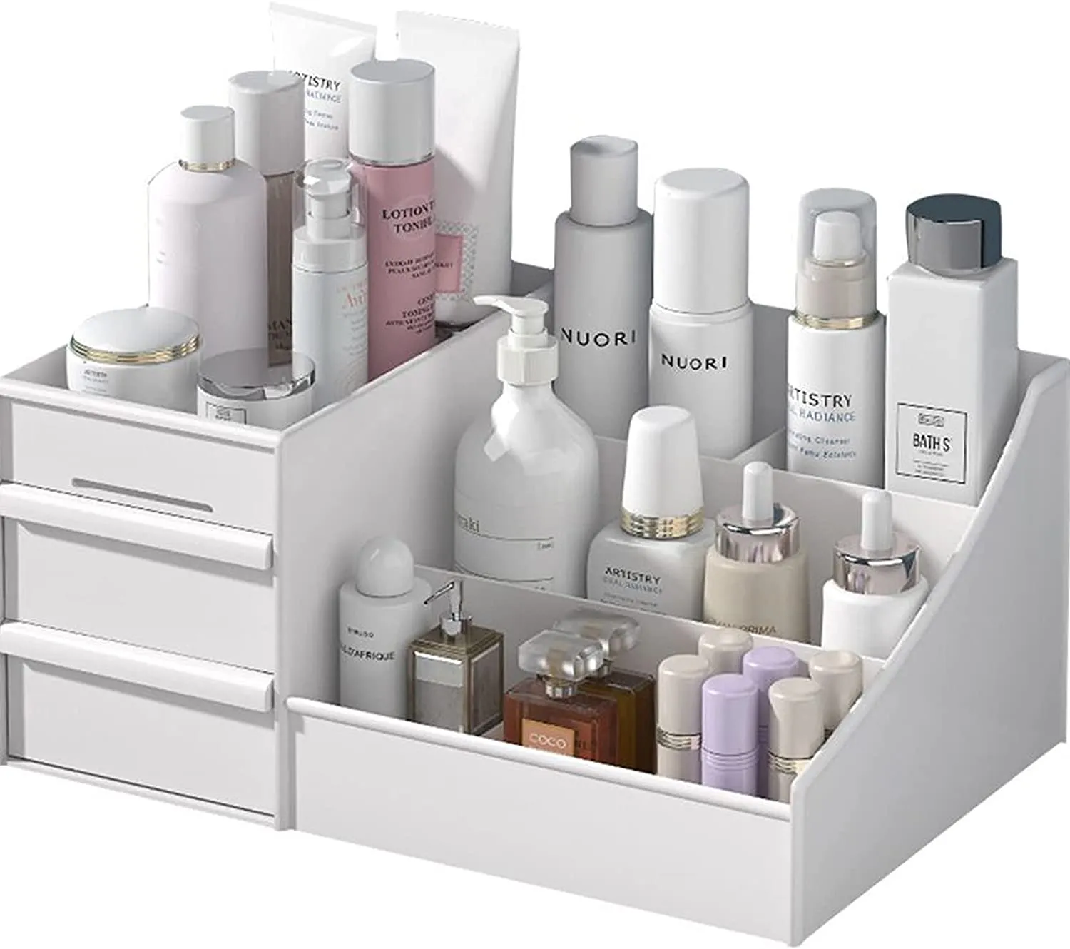 skin care organizer,Makeup Desk Organizer With Drawers,Countertop Organizer for Cosmetics,Vanity brush with Holder for Lipstick, Brushes, Eyeshadow, and Jewelry Desktop Finishing Dresser (White)