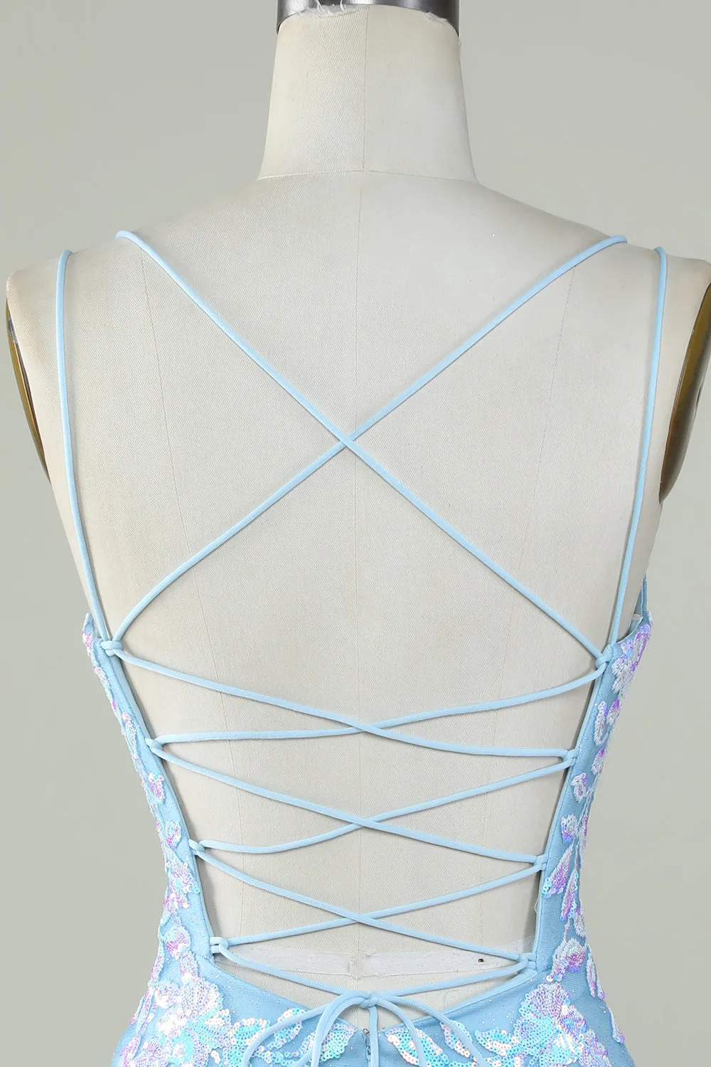 Sparkly Lace-Up Back Light Blue Homecoming Dress
