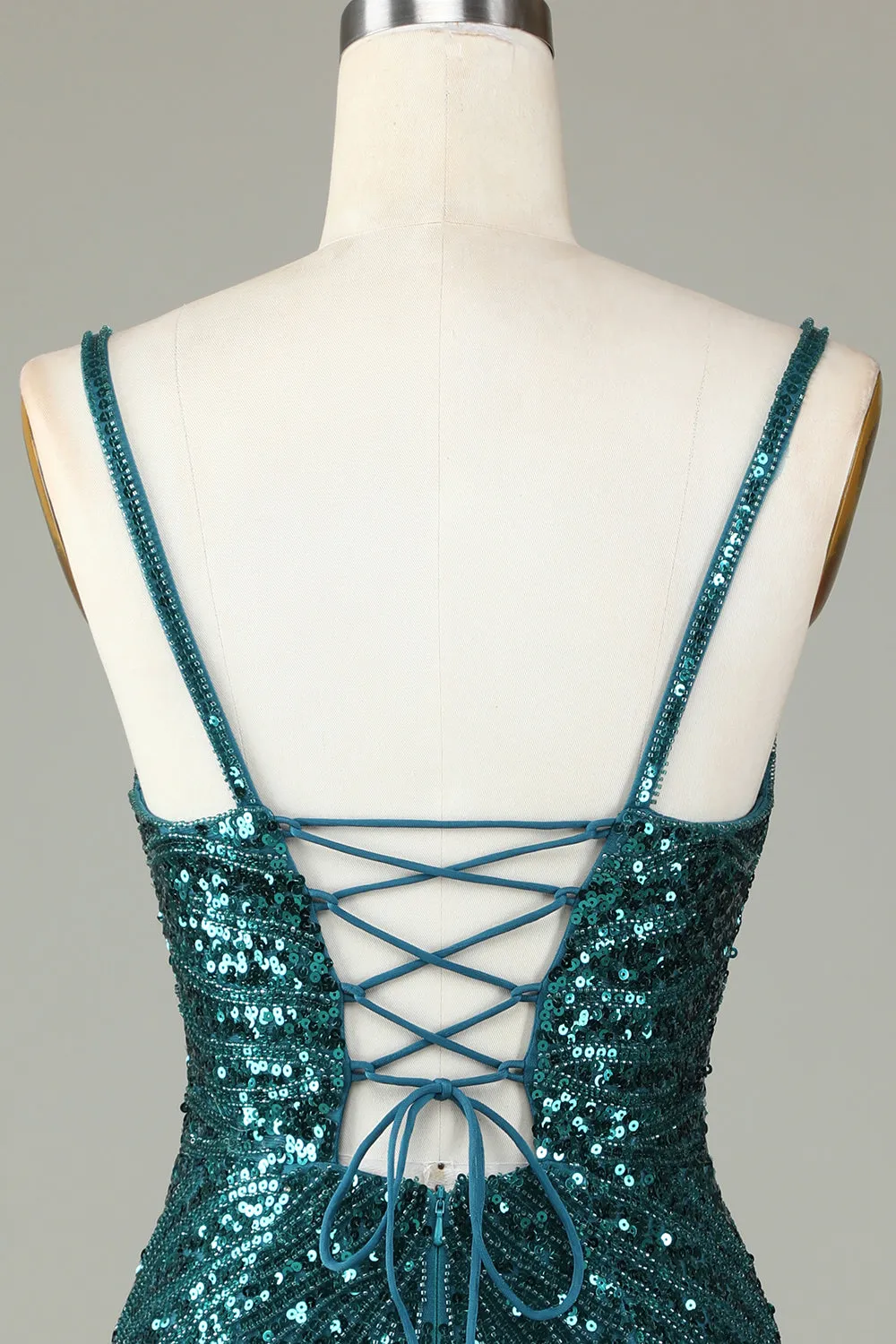Sparkly Peacock Blue Bodycon Lace-Up Back Short Homecoming Dress with Beading