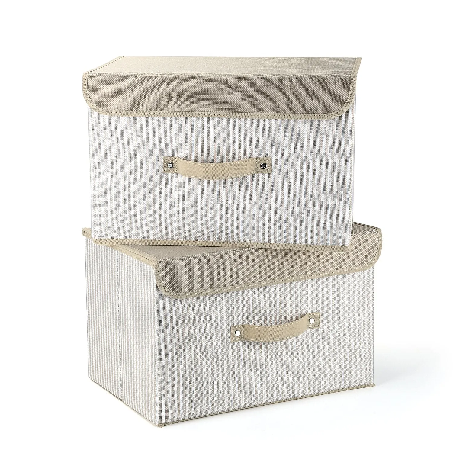 Storage Bins Set,MEE'LIFE Pack of 2 Foldable Storage Box Cube with Lids and Handles Fabric Storage Basket Bin Organizer Collapsible Drawers Containers for Nursery,Closet,Home,Bedroom(Cream Stripes)