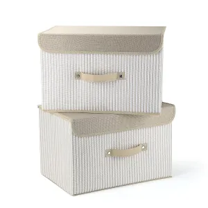 Storage Bins Set,MEE'LIFE Pack of 2 Foldable Storage Box Cube with Lids and Handles Fabric Storage Basket Bin Organizer Collapsible Drawers Containers for Nursery,Closet,Home,Bedroom(Cream Stripes)