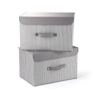 Storage Bins Set,MEE'LIFE Pack of 2 Foldable Storage Box Cube with Lids and Handles Fabric Storage Basket Bin Organizer Collapsible Drawers Containers for Nursery,Closet,Home,Bedroom(Gray Stripes)