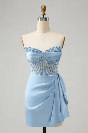 Stylish Blue Bodycon Sweetheart Pleated Corset Short Homecoming Dress with Beading