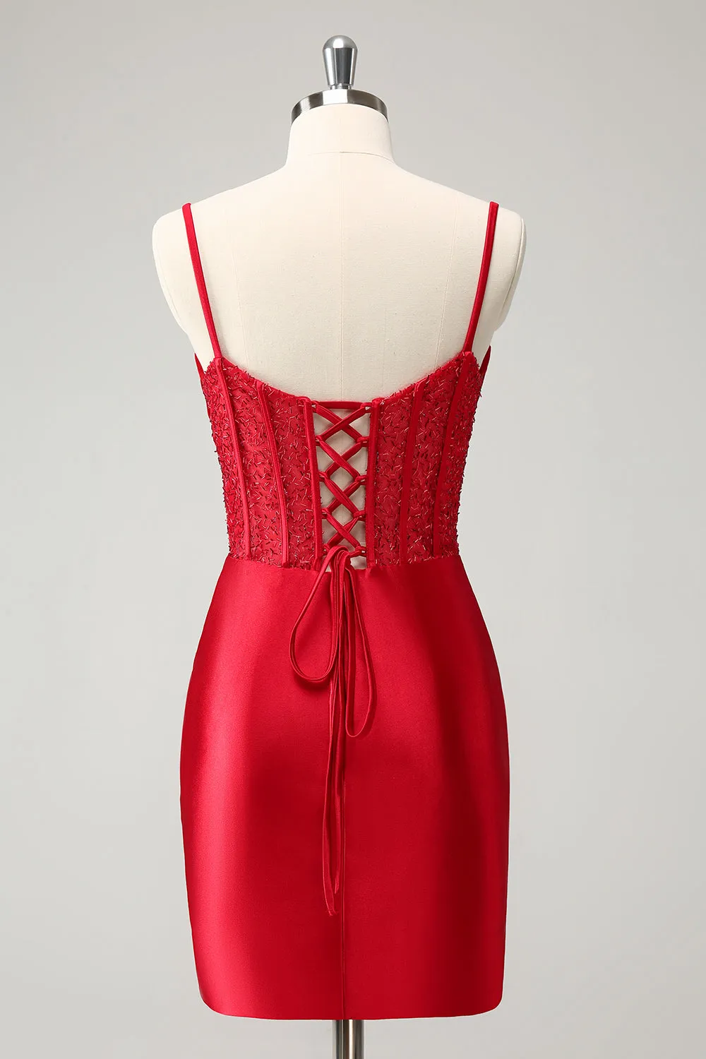 Stylish Red Bodycon Spaghetti Straps Corset Short Homecoming Dress with Lace Up Back