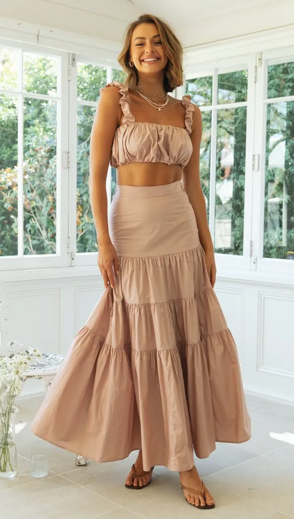 Summer Playful Mischief Two Piece skirt set | Ruffle Crop top | Two piece Maxi Dress | Coord Sets women