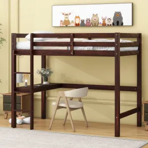 Twin Size Pine Wood Loft Bed Frame with Built-in Desk Kids Ladder