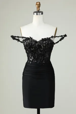 Unique Black Sheath Off the Shoulder Short Homecoming Dress with Appliques