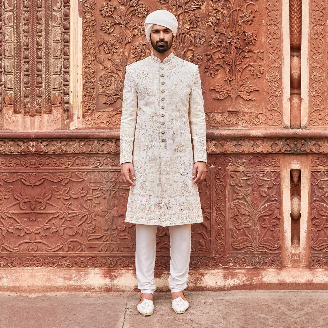 Unique Threadwork White Dulha Sherwani
