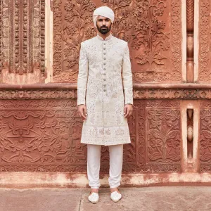 Unique Threadwork White Dulha Sherwani