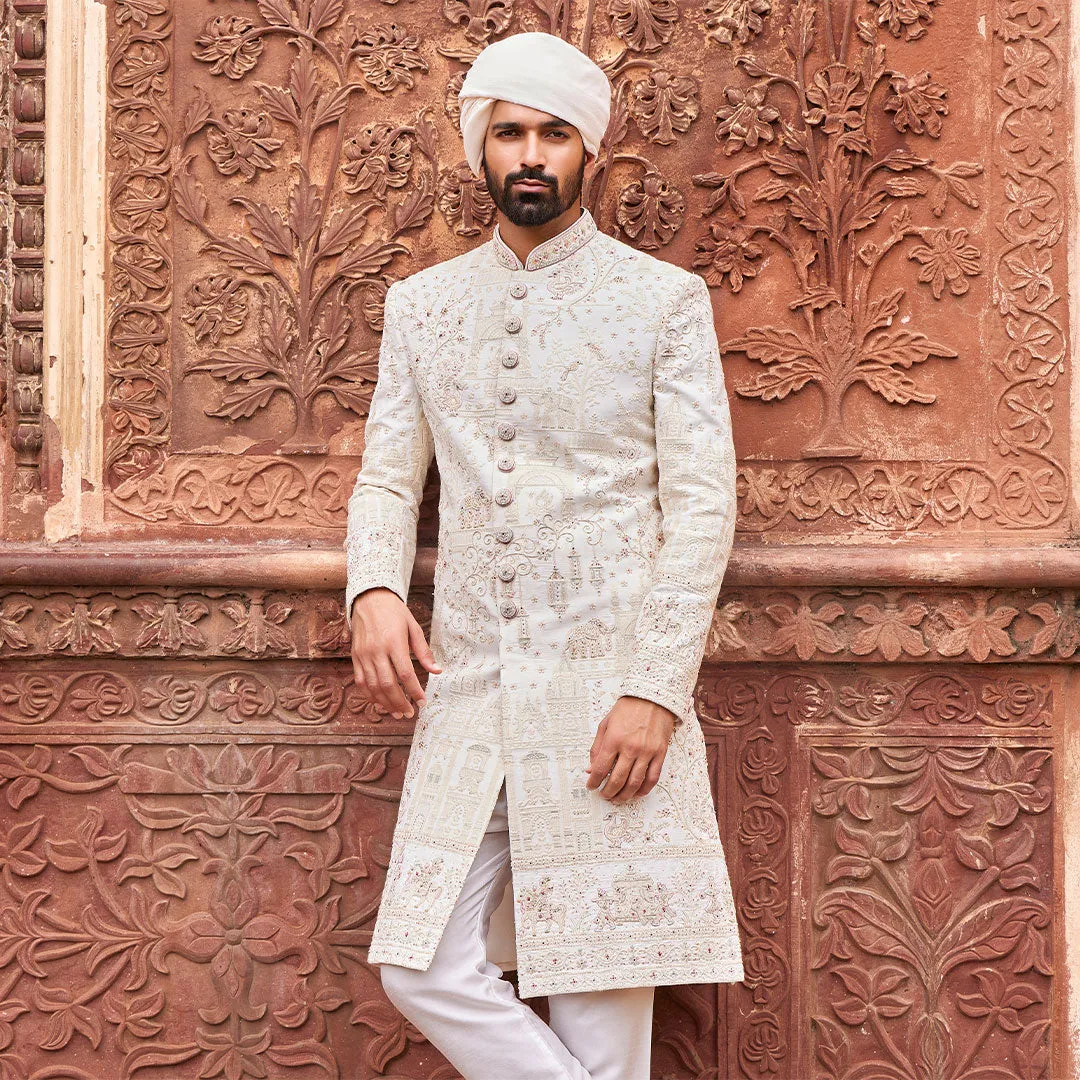 Unique Threadwork White Dulha Sherwani
