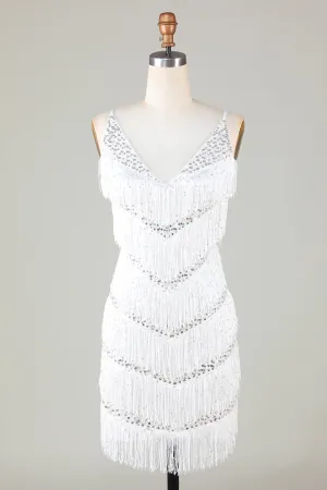 White Bodycon Spaghetti Straps Cross Back Tassel Homecoming Dress with Sequins