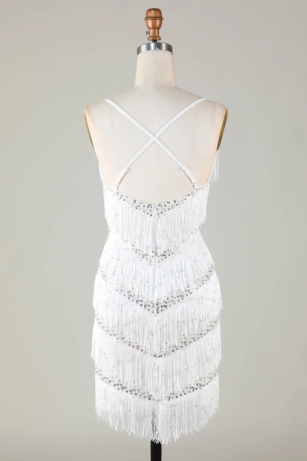 White Bodycon Spaghetti Straps Cross Back Tassel Homecoming Dress with Sequins