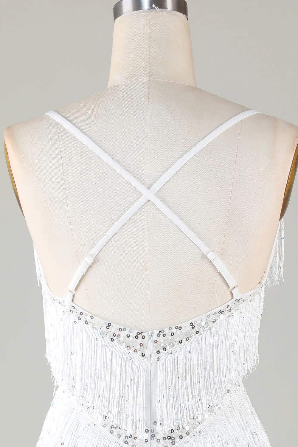 White Bodycon Spaghetti Straps Cross Back Tassel Homecoming Dress with Sequins