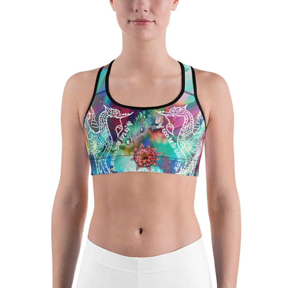 White Thai Buddhist Tattoo and Sacred Geometry Mandalas Colorful Sports bra