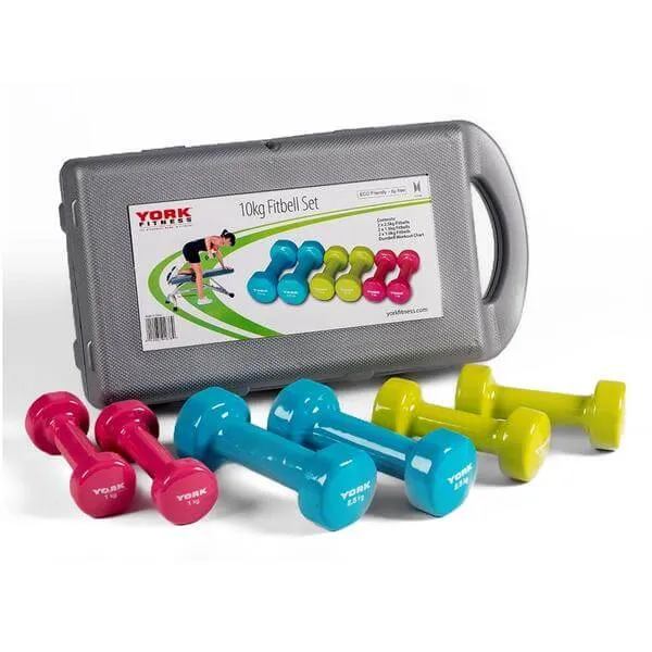 York 10kg Vinyl Dipped Dumbbell Set in Case