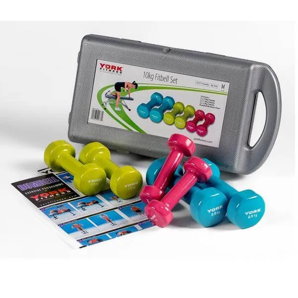 York 10kg Vinyl Dipped Dumbbell Set in Case